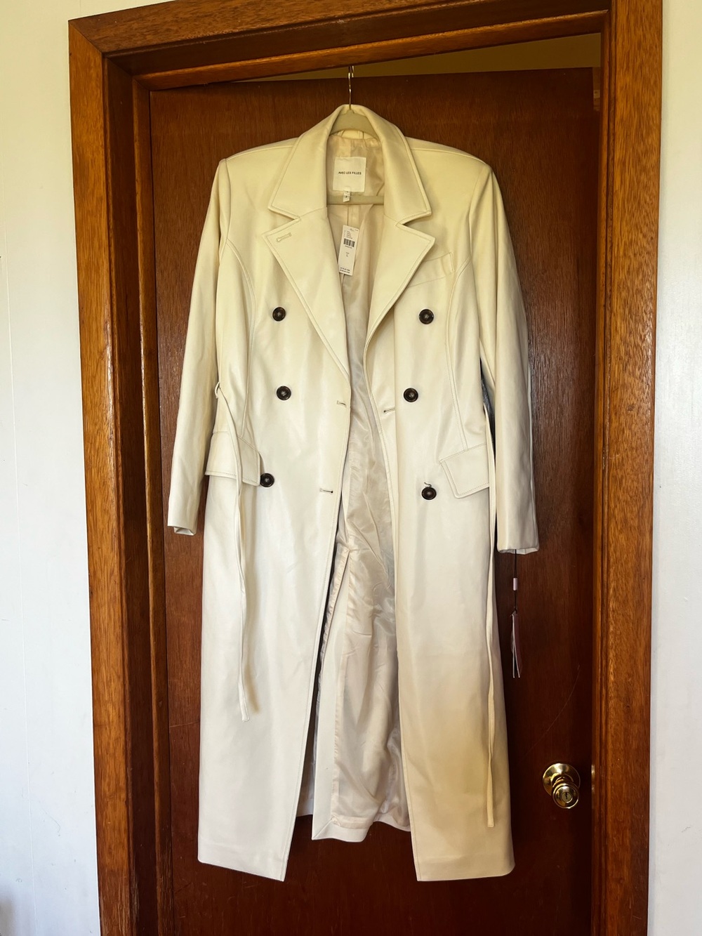 Avec Les Filles Cream Double-Breasted Leather Trench Coat Anthropologie